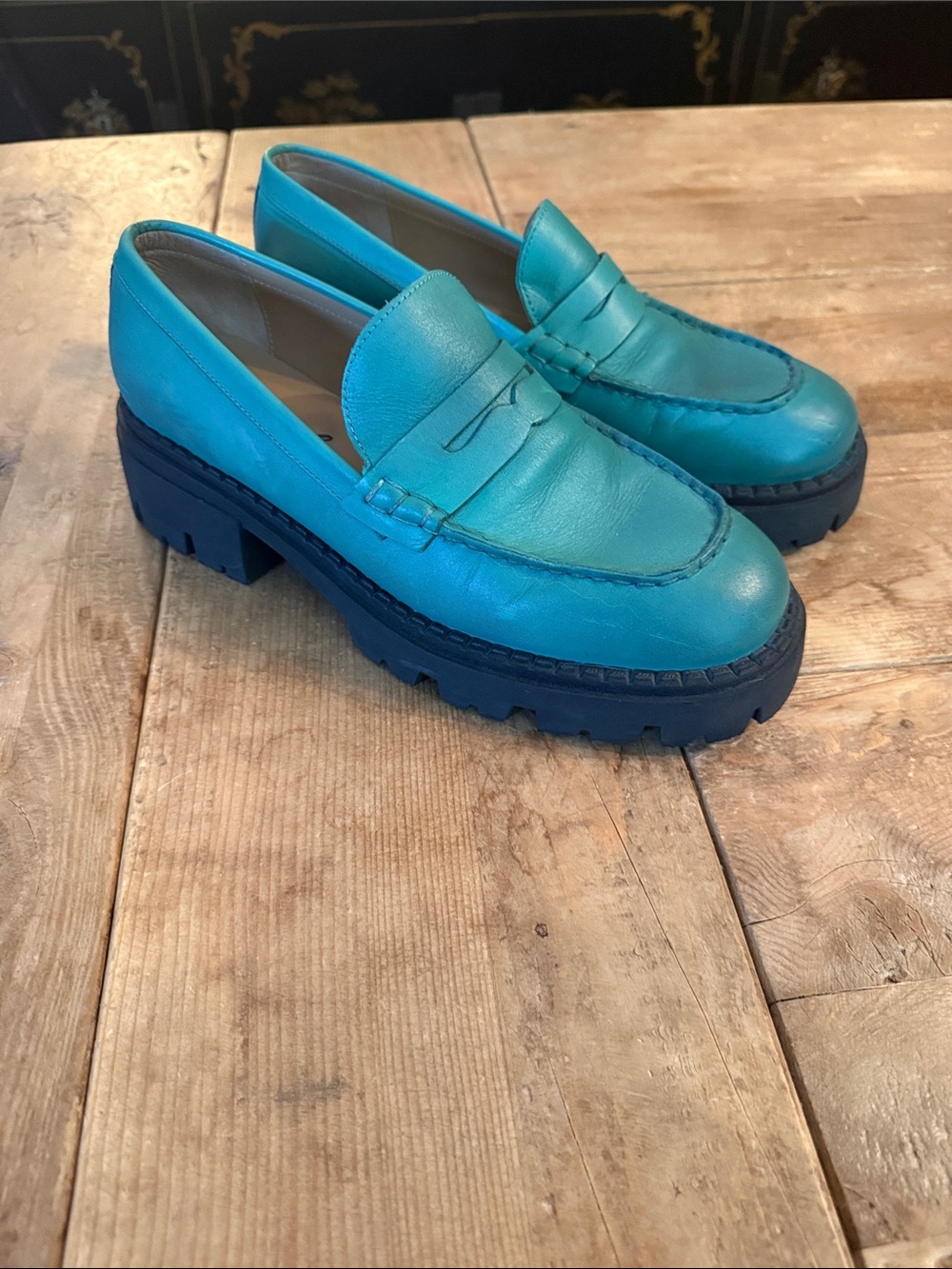 Free People Teal Chunky Lug Sole Loafers